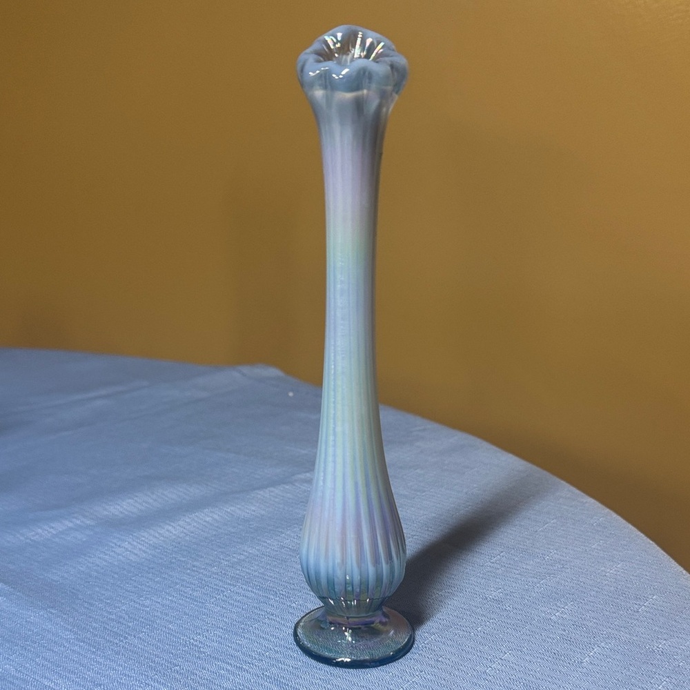 Fenton Art Glass Ribbed Iridescent Blue Opalescent Bud Vase 8 5/8” tall